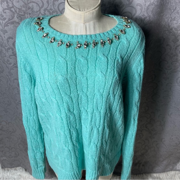 Lilly Pulitzer Dario Embellished Cable-Knit Aqua color Sweater.  Sz XL - Picture 6 of 12